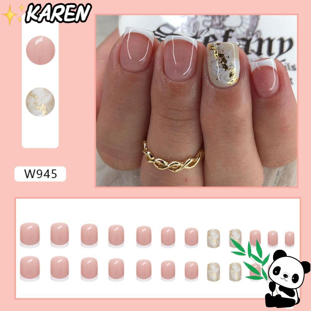KAREN Bộ Móng Tay Giả Đầu Vuông Ngắn Chống Nước Che Phủ Toàn Diện Kiểu Pháp Cho Nữ