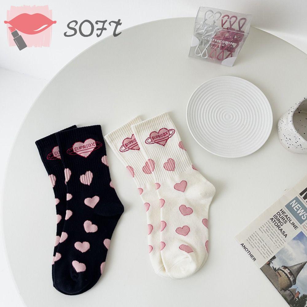SOFTNESS Vớ Dài Trung Bình Bằng Cotton Thoáng Khí In Chữ Trái Tim Thời Trang Cho Học Sinh