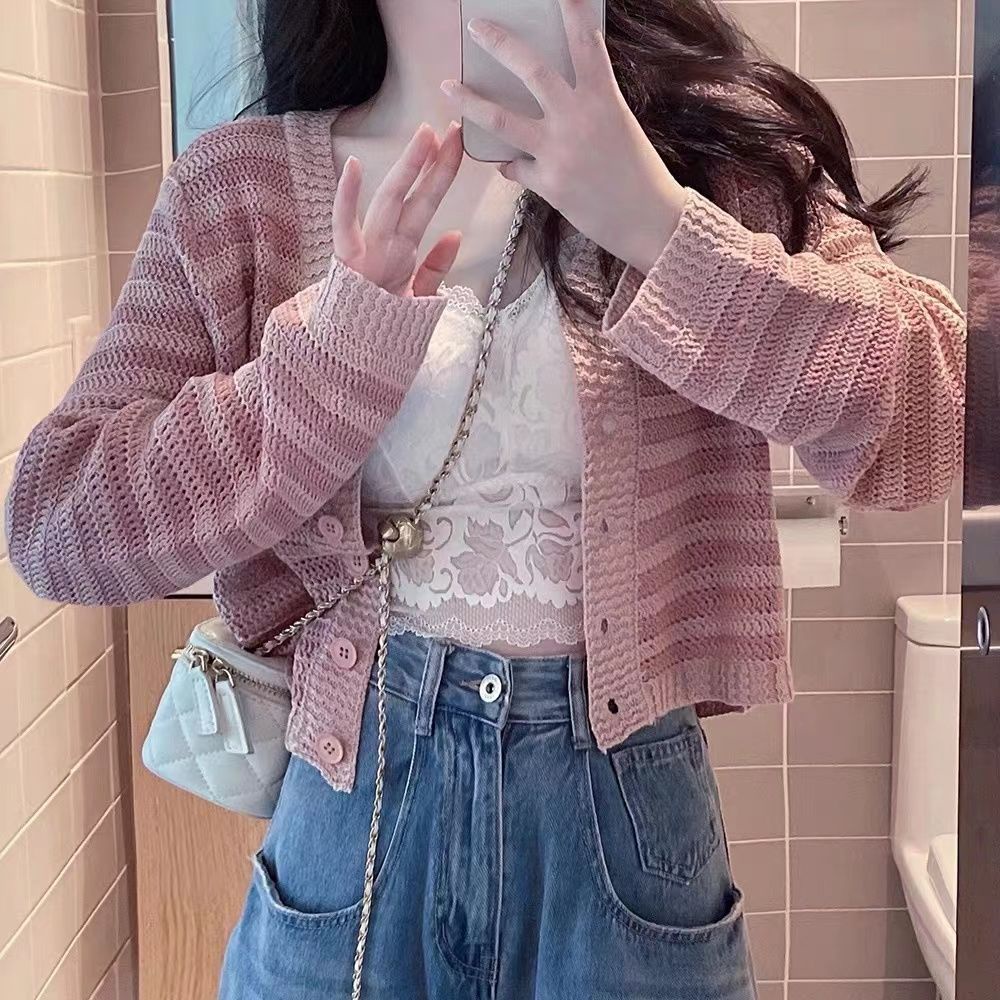 Áo Cardigan Dệt Kim Dáng Rộng Ngắn Họa Tiết Kẻ Sọc Màu Hồng Phong Cách Pháp Thời Trang Xinh Xắn