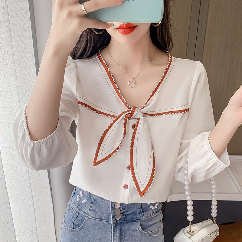 Áo Sơ Mi Tay Dài Cổ Chữ V Thắt Nơ Phong Cách Pháp Thời Trang Xuân Thu Mới 2023 Dành Cho Bạn Nữ