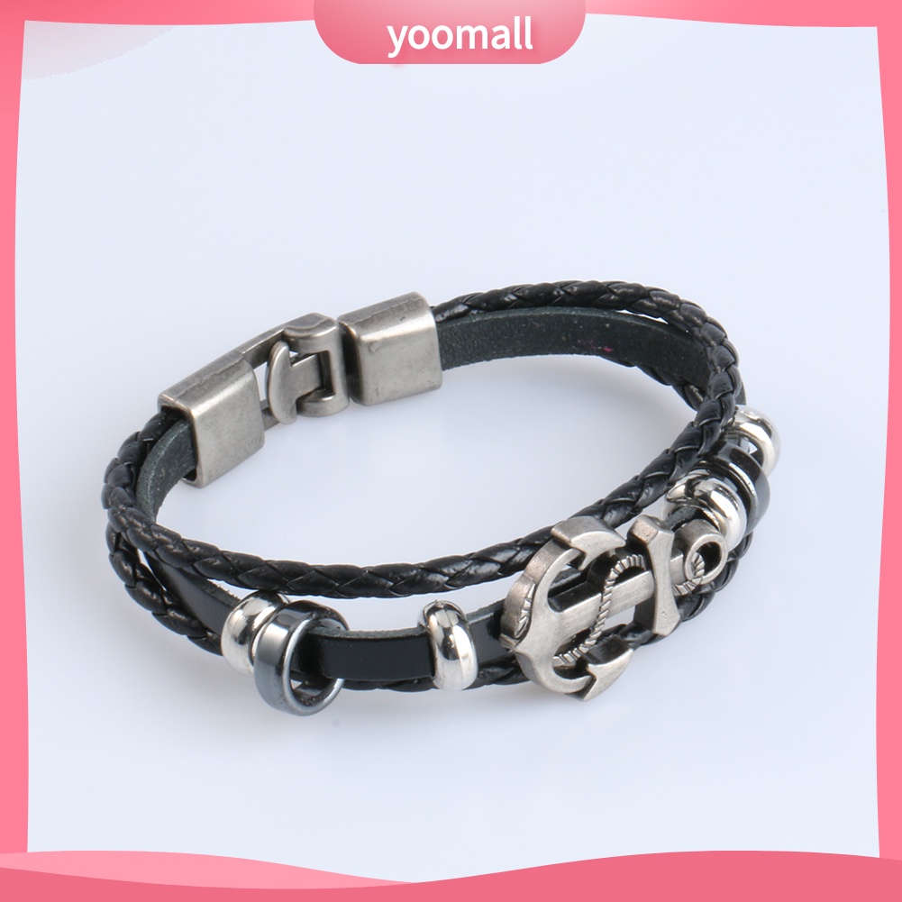 Vòng Tay Da Mặt Mỏ Neo Kim Loại Phong Cách Vintage Cho Nam