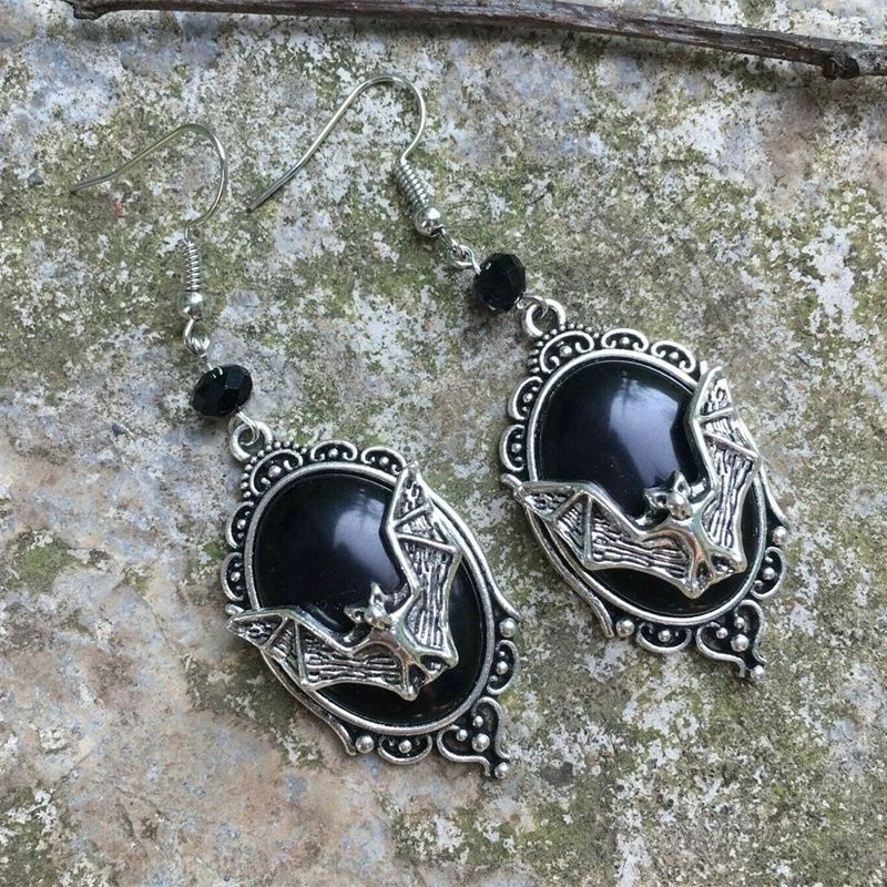 Bông Tai Hình Dơi Đính Đá Đen Phong Cách Gothic Thời Trang Halloween