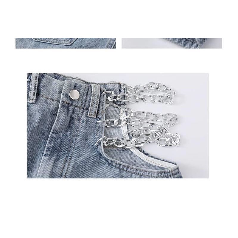 Quần Jean Lưng Cao Ống Rộng Phối Dây Xích Thời Trang Hàn Quốc Cá Tính Cho Nữ