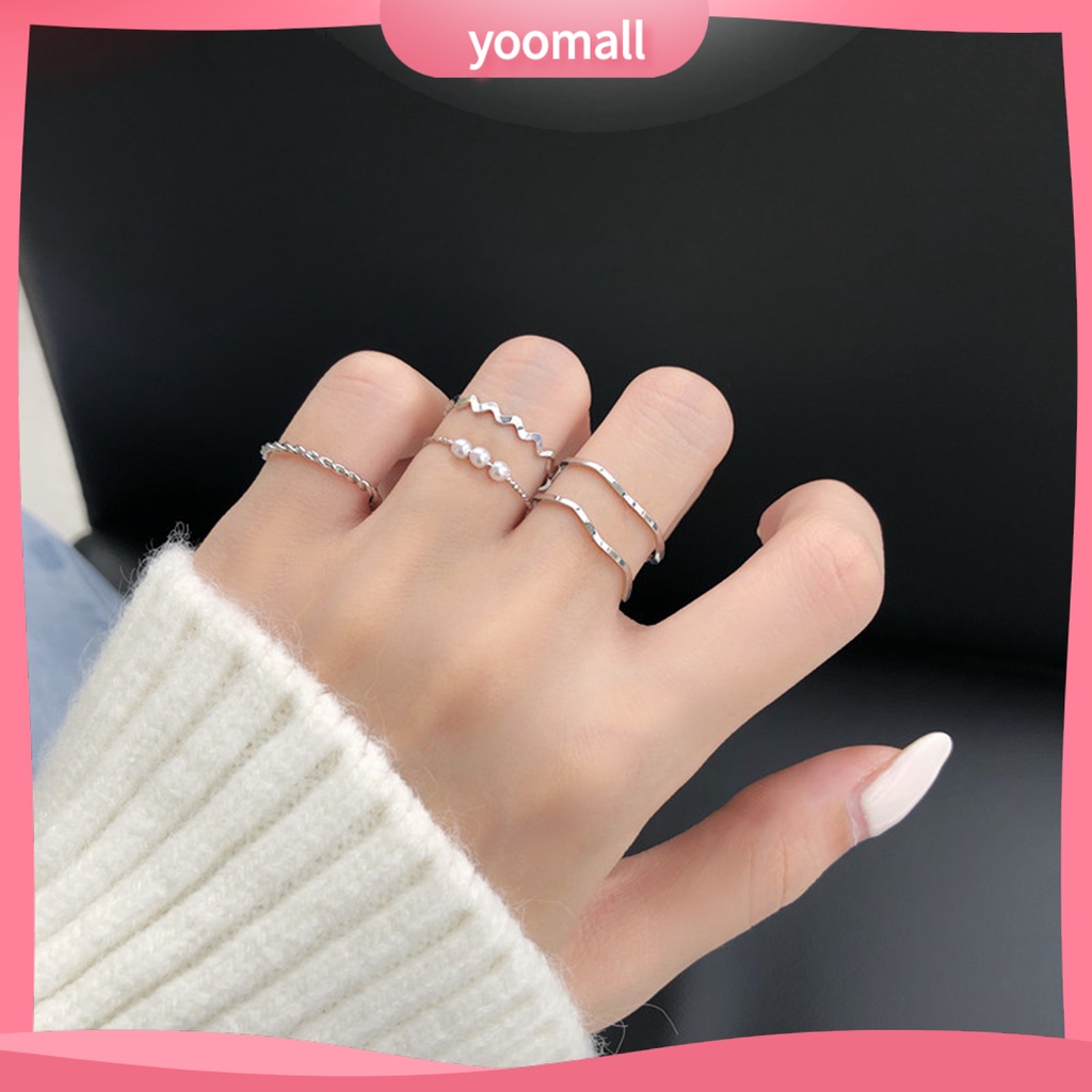 Bộ 5 Nhẫn Đính Ngọc Trai Giả Phong Cách Hàn Quốc / Nhật Bản / Nhật Bản Độc Đáo Thời Trang Dự Tiệc Cưới