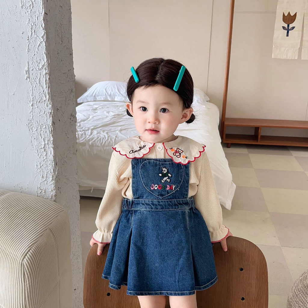 Bộ Áo Cổ Búp Bê + Chân Váy Yếm Denim Phong Cách Hàn Quốc Thời Trang Mùa Thu Mới Cho Bé Gái
