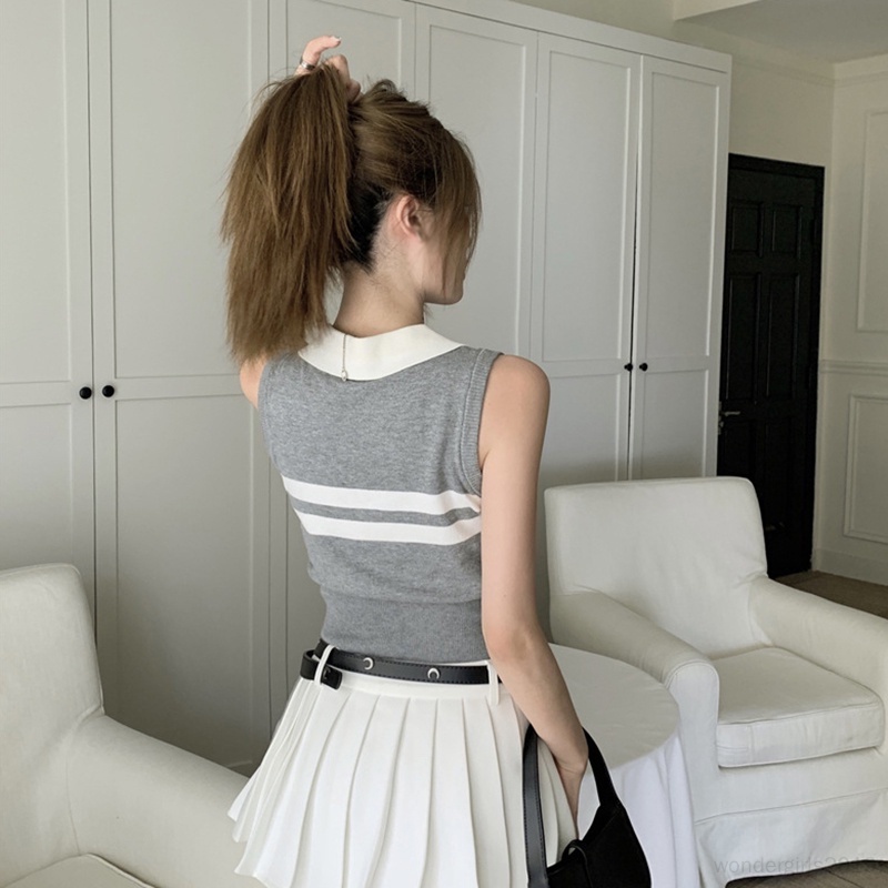 Áo Croptop Dệt Kim Sát Nách Cổ Bẻ Thời Trang Mùa Hè Hàn Quốc Cho Nữ