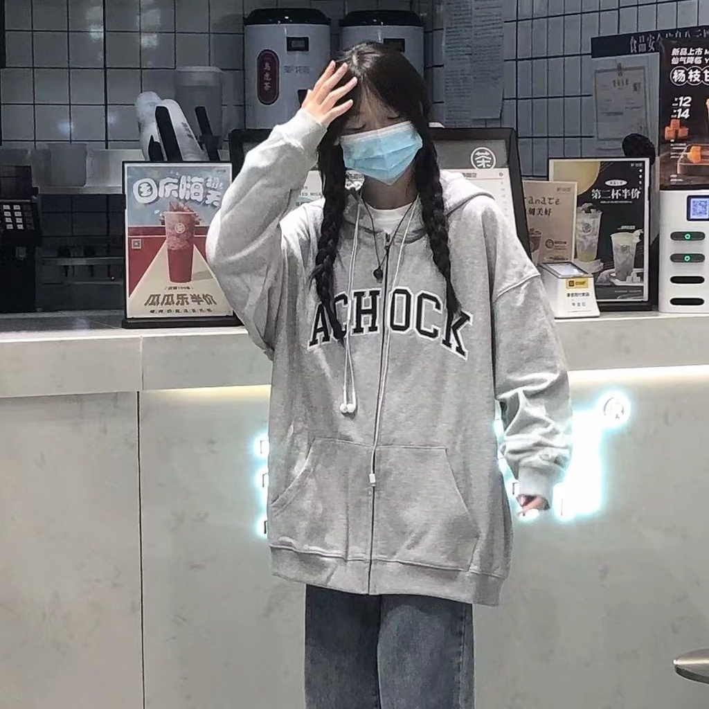 Áo Khoác Hoodie Mỏng Dáng Rộng Màu Xám Có Khóa Kéo Thời Trang Hàn Quốc Mới Cho Nữ