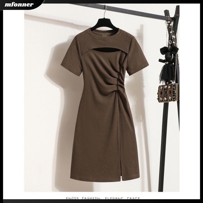 Đầm Thun Tay Ngắn Cổ Tròn Màu Trơn Thiết Kế Khoét Lỗ Thời Trang Dự Tiệc Cho Nữ