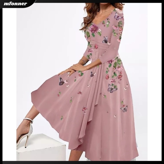 Đầm Midi Tay Lỡ 3 / 4 Dáng Rộng Cổ Chữ V In Hoa Thời Trang Mùa Hè Cho Nữ