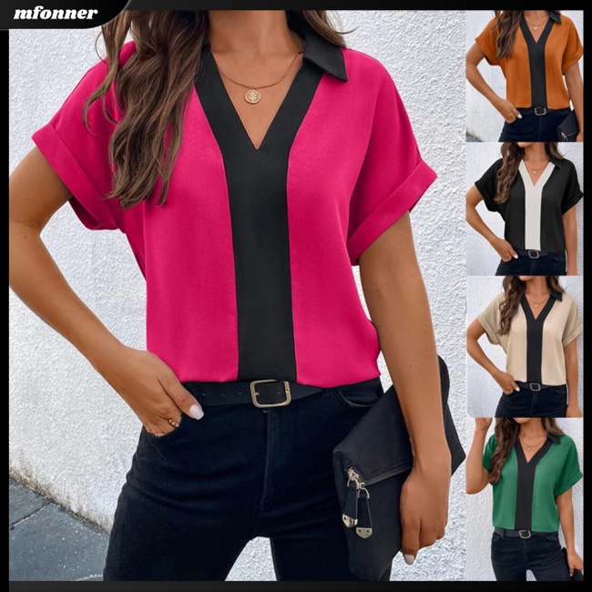 Áo Sơ Mi Tay Ngắn Cổ Chữ V Dáng Rộng Màu Tương Phản Thoáng Khí Thời Trang Cho Nữ