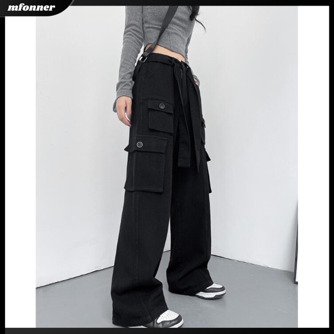 Quần Thể Thao Lưng Cao Ống Rộng Phối Túi Phong Cách Retro