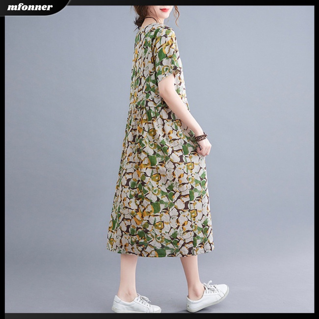 Đầm Midi Dáng Chữ A Tay Ngắn Dáng Rộng Vải Lanh Cotton In Họa Tiết Thời Trang Mùa Hè Cho Bạn Gái