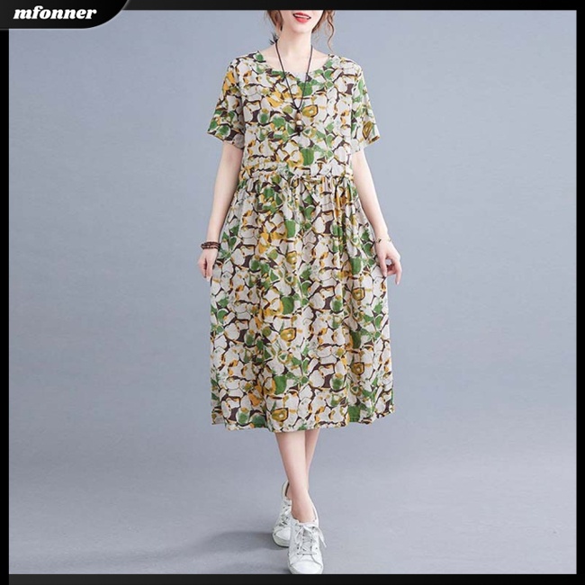Đầm Midi Dáng Chữ A Tay Ngắn Dáng Rộng Vải Lanh Cotton In Họa Tiết Thời Trang Mùa Hè Cho Bạn Gái