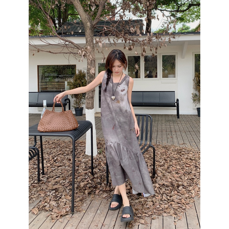 Đầm Dài Không Tay Dáng Rộng Chất Liệu satin Nhuộm Màu Phong Cách retro