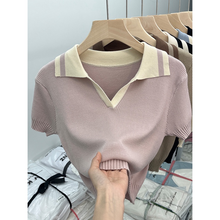 Summer niche màu tương phản polo cổ áo băng lụa dệt kim áo sơ mi nhỏ ngắn tay áo t-shirt phụ nữ ngắn đầu