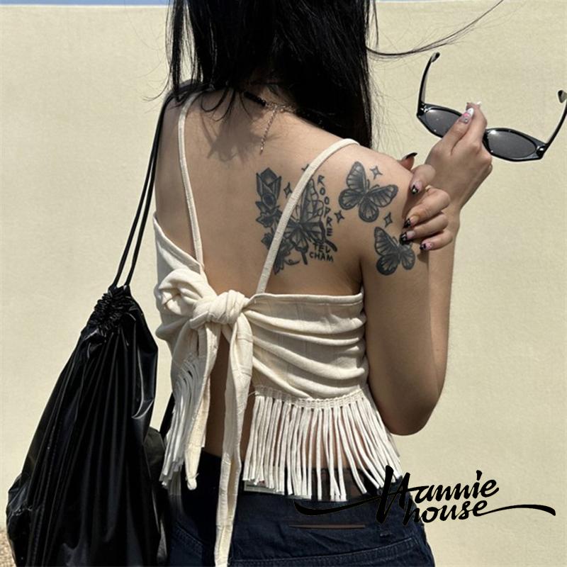 Hannie-Áo hai dây Hở Lưng Thắt Nút Viền Tua Rua Mùa Hè Cho Nữ