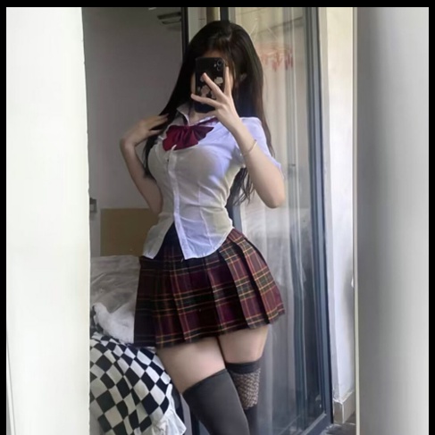 Chị Em Gái. Cô Gái Nóng Bỏng Gợi Cảm. Bộ Đồng Phục Học Sinh Phong Cách Preppy Xinh Xắn Set Áo Sơ Mi Tay Ngắn + Chân Váy Caro Thời Trang Cho Nữ