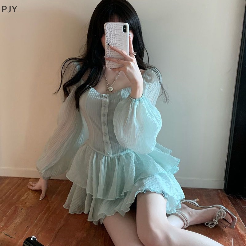Đầm Chiffon Mini Xếp Ly Tay Phồng Ngọt Ngào Thanh Lịch Phong Cách Hàn Quốc Cho Nữ PJ