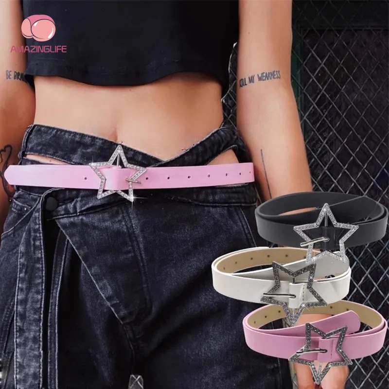 Thắt Lưng Da PU Màu Hồng Đính Đá Hình Ngôi Sao Năm Cánh Thời Trang Có Thể Điều Chỉnh