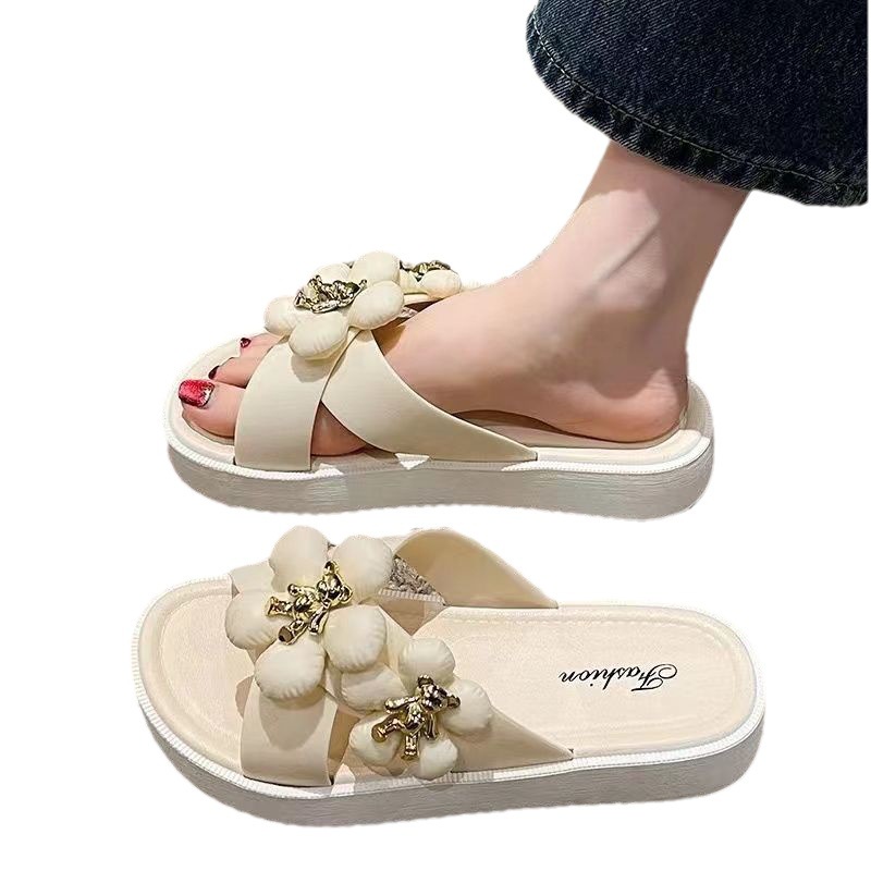 Dép Sandal Đế Dày Quai Ngang Họa Tiết Hoa Phong Cách Hàn Quốc Thời Trang Mùa Hè Cho Nữ