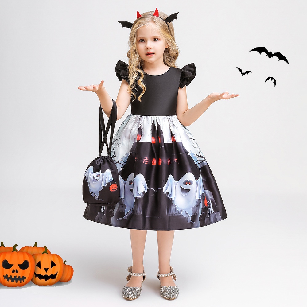 Đầm Hóa Trang Halloween Phối Ren Họa Tiết Bí Ngô Phù Thủy Kèm Túi Đựng Cho Bé Gái