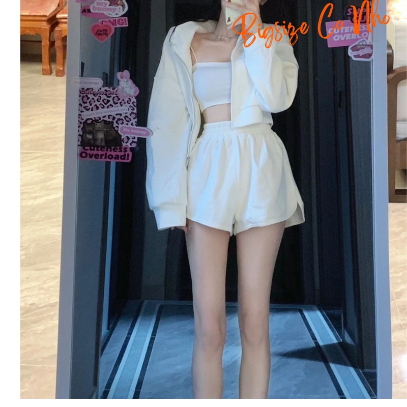 Bộ Đồ Bigsize Cô Nhỏ Áo Thun Khóa Kéo Tay Dài Và Quần Đùi Vải Thun Gân Vải Thun Gân Mềm Mịn SET57