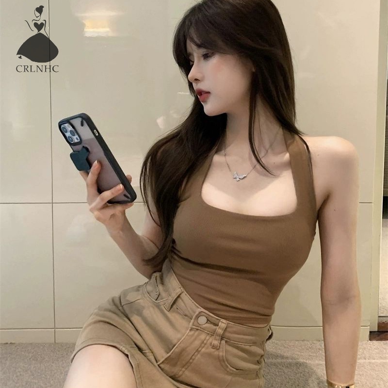 Áo hai dây CRLNHC mùa hè màu trơn phong cách Hàn Quốc gợi cảm cho nữ