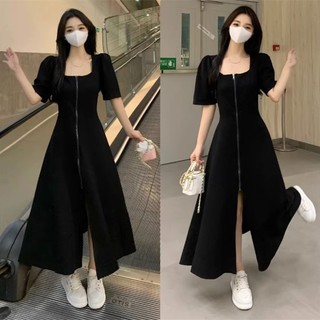 [Plus Size] (40-100kg) Đầm Nữ Tay Ngắn Cổ Vuông Màu Trơn Có Dây Kéo Phong Cách Hàn Quốc Thời Trang