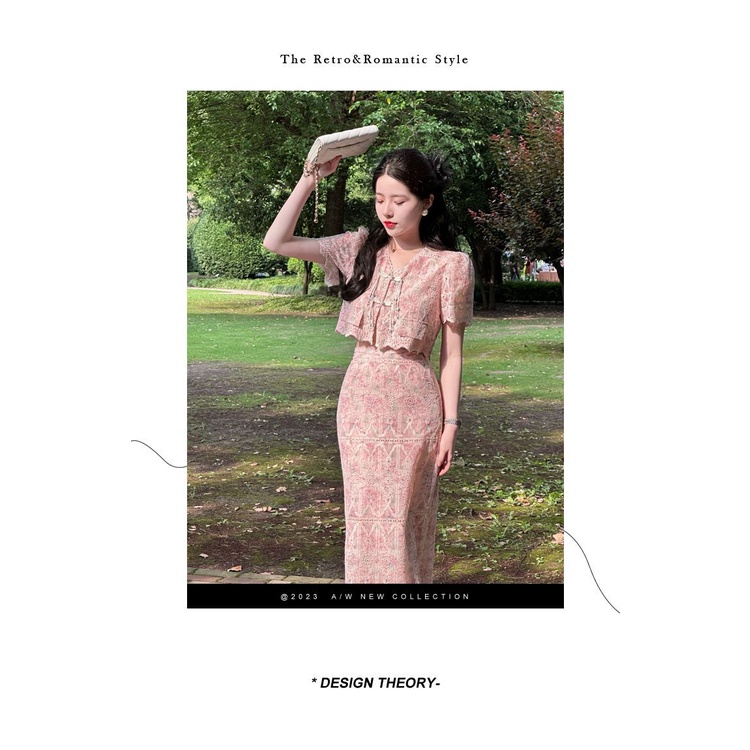 Bộ Áo Cổ Chữ V Thêu Họa Tiết + Chân Váy Lưng Cao Co Giãn Thời Trang Retro Pháp Cho Nữ