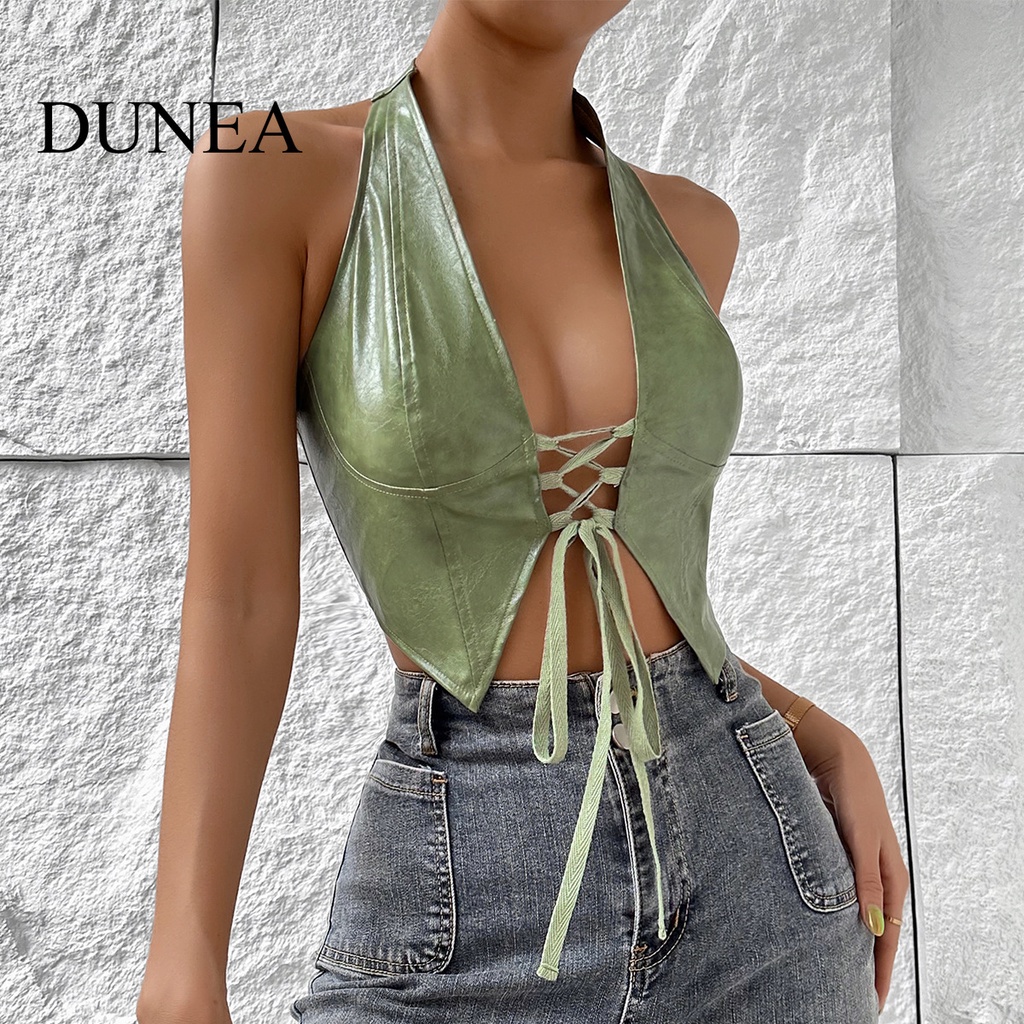DUNEA Áo Tank Top Da Pu Màu Trơn Gợi Cảm
