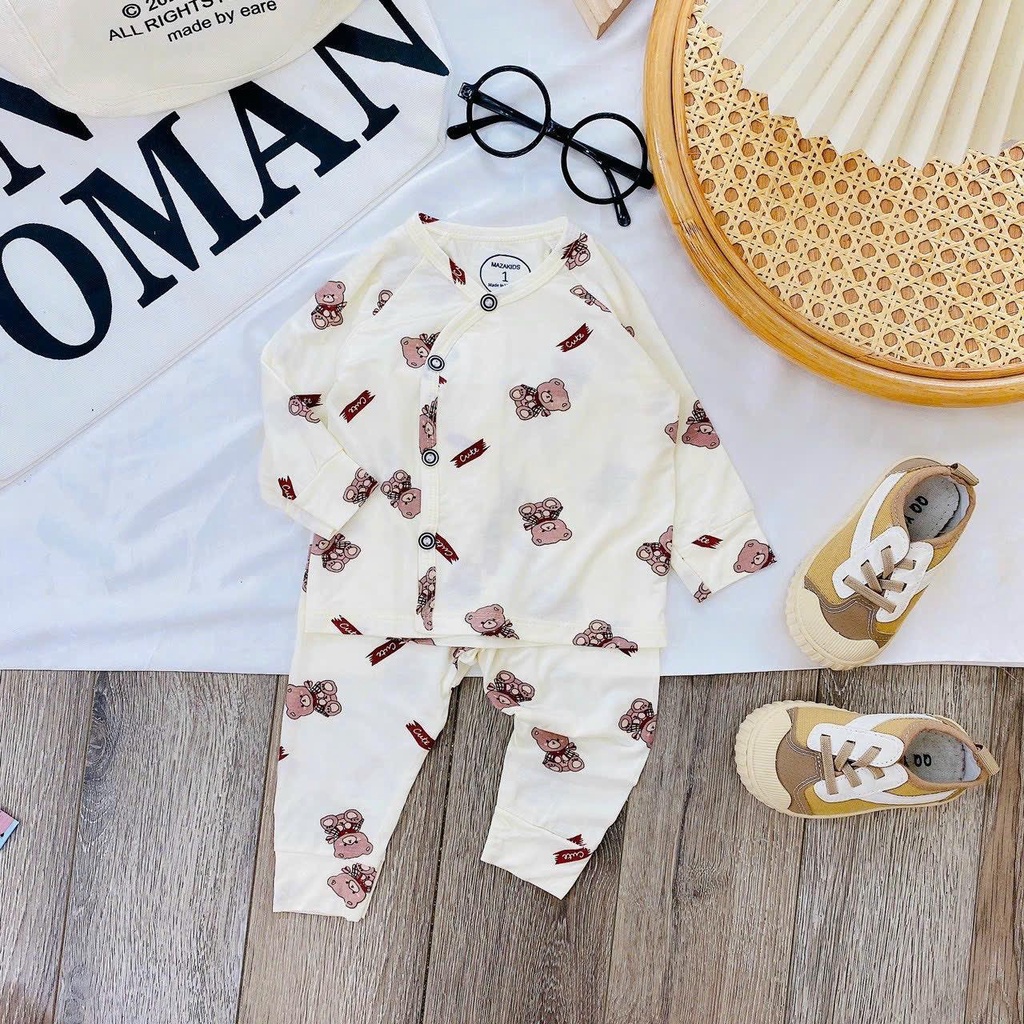 Bộ dài MÀU in hình cạp cao vải petit sợi tre mềm mát cho bé sơ sinh đến 9kg Mazakids