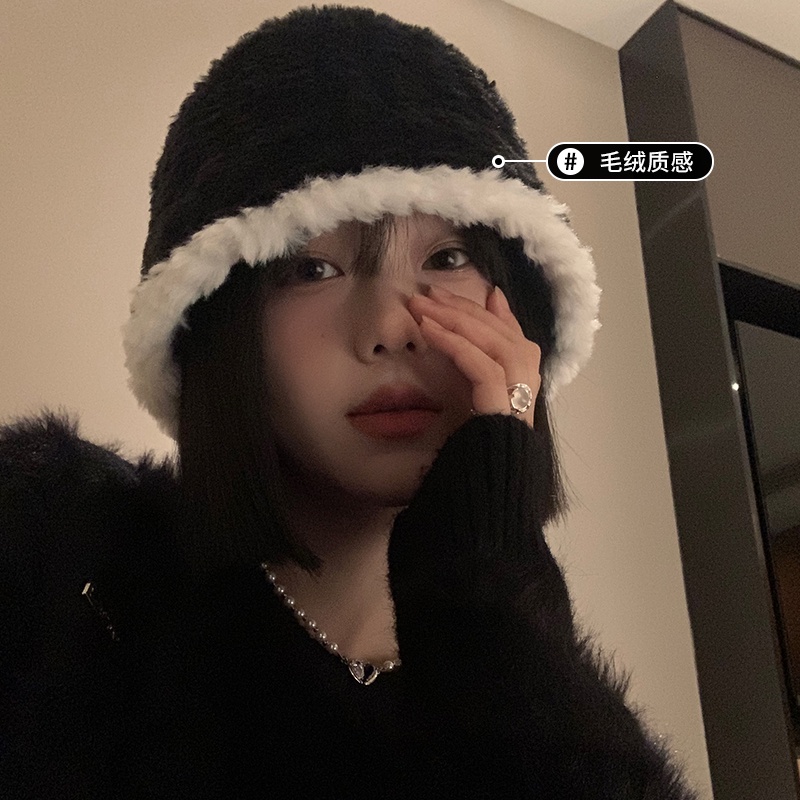 Mũ Bucket Lông Nhung Màu Đen Phong Cách Thời Trang Thu Đông Hàn Quốc Dành Cho Nữ
