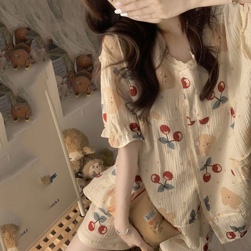 Bộ Đồ Ngủ Hai Mảnh Áo Cardigan Phối Quần Short Đơn Giản Dễ Thương Thời Trang Mùa Hè Cho Bạn Gái