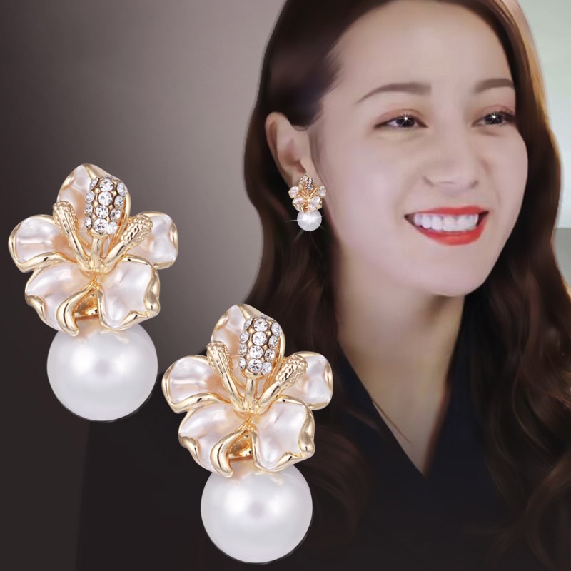 Khuyên Tai Cao Cấp Hình Hoa Đính Đá Ngọc Trai Phong Cách Hàn Quốc Nhật Bản