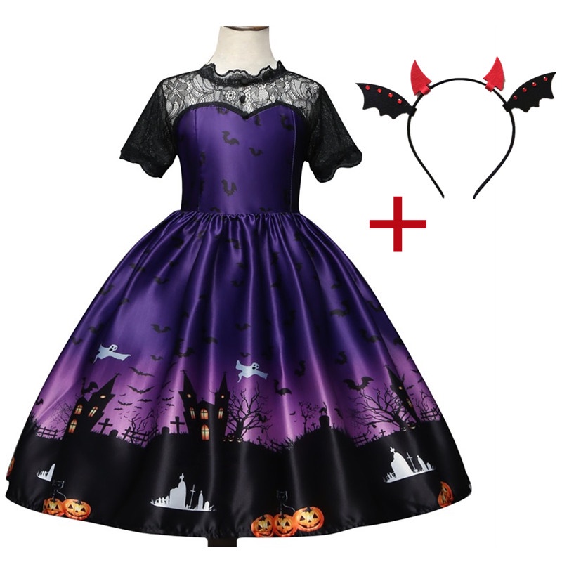 Bộ 3 Món Đầm Hóa Trang Phù Thủy / Bí Ngô / Ma Cà Rồng Kèm Túi Đeo Vai Xinh Xắn Cho Bé Gái 4-10 Tuổi