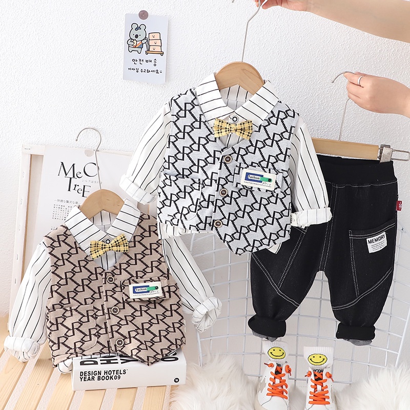 Set Đồ 3 Món Gồm Áo Sơ Mi Tay Dài Và Áo Khoác Jean Thời Trang Xuân Thu Cho Bé Trai