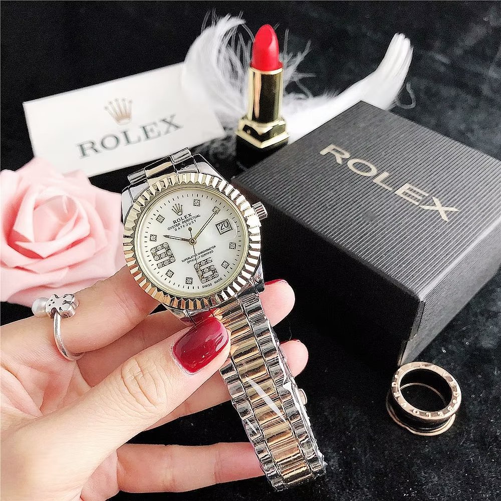 Đồng Hồ Rolex Mặt Tròn Đính Kim Cương Dây Da Thép Không Gỉ Thời Trang Cho Cặp Đôi