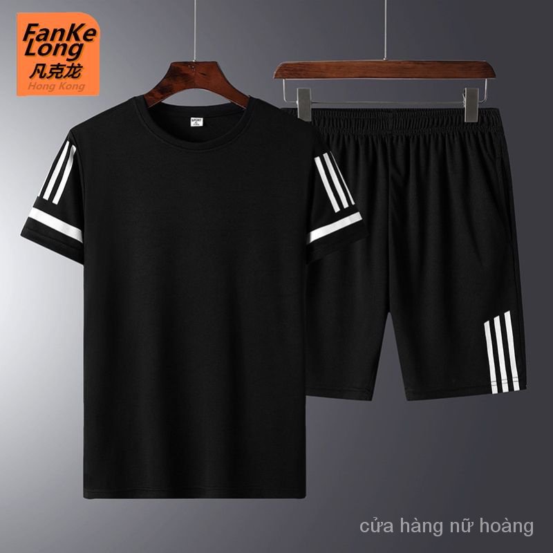 Bộ Đồ Thể Thao Áo Thun Tay Ngắn Phối Quần Lụa Lạnh Nhanh Khô Dáng Rộng Kiểu Hồng Kông Thời Trang Mùa Hè Cho Nam