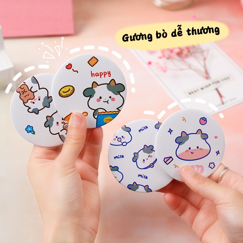 Gương tròn hoạt hình dễ thương, Gương trang điểm tròn di động cầm tay có đường kính khoảng 6.7cm-MCKES