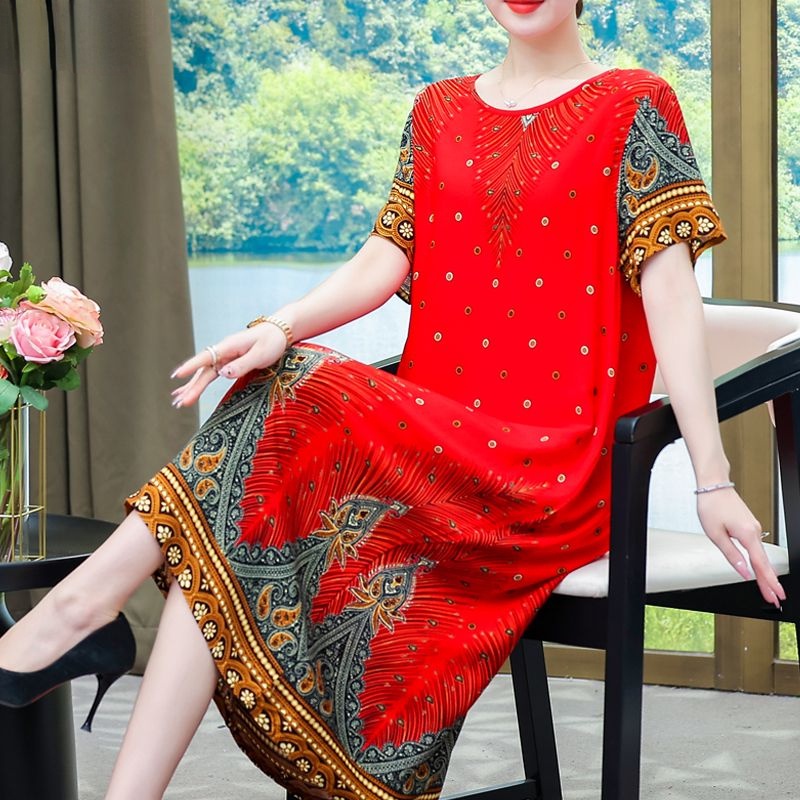 Đầm Mùa Hè Cao Cấp Tay Ngắn Kích Thước Lớn In Họa Tiết Phong Cách Mới 2023 Cho Nữ Trung Niên