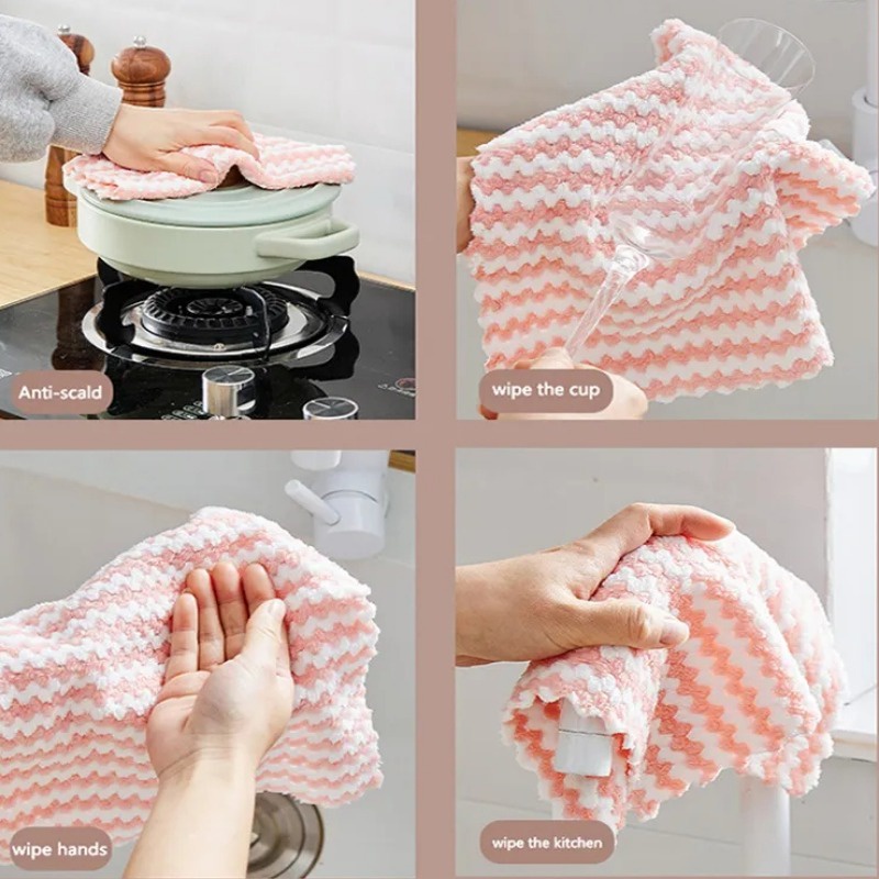 Trang chủ làm khô nhanh khăn lau loại bỏ dầu / nhà bếp không dính dầu coral fleece khăn rửa bát / khăn lau tay sợi nhỏ dày mềm / sọc sóng siêu thấm hút khăn lau