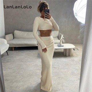 Lanlanlolo women 2023 solid color fashion cổ tròn rốn dài tay áo t-shirt mỏng dài nửa cơ thể bộ váy