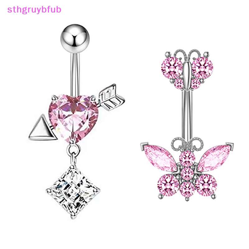 Sthb bướm bằng thép không gỉ vòng nút bụng chất lượng cao màu hồng rhinestone vòng rốn tình yêu cho phụ nữ trang trí cơ thể sexy vn