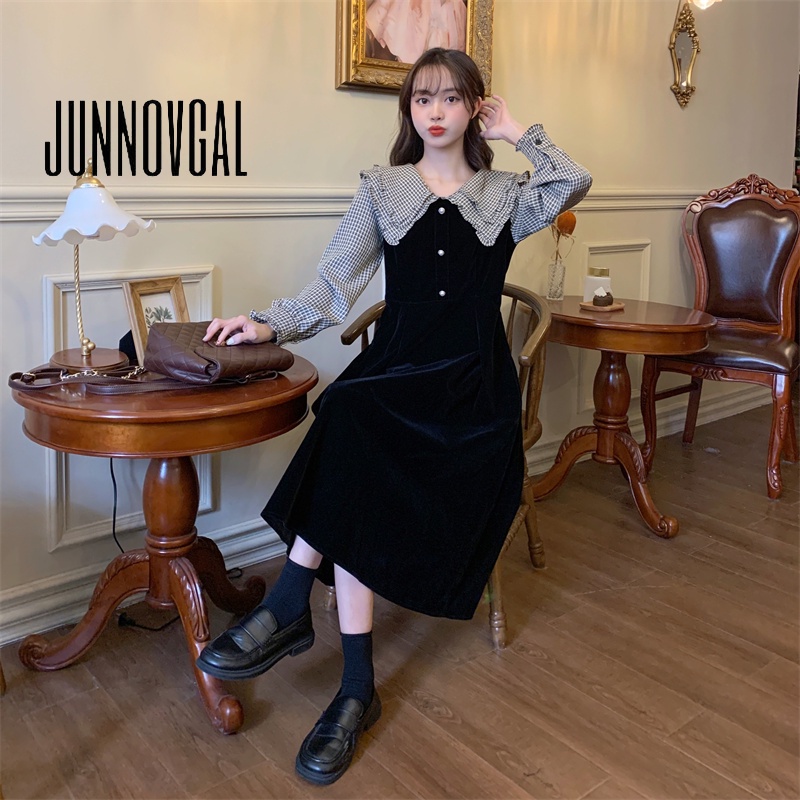 Junnovgal women 2023 thời trang mới kích thước lớn ve áo bong bóng tay áo kẻ sọc khâu váy đen