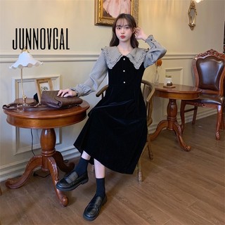 Junnovgal women 2023 thời trang mới kích thước lớn ve áo bong bóng tay áo kẻ sọc khâu váy đen