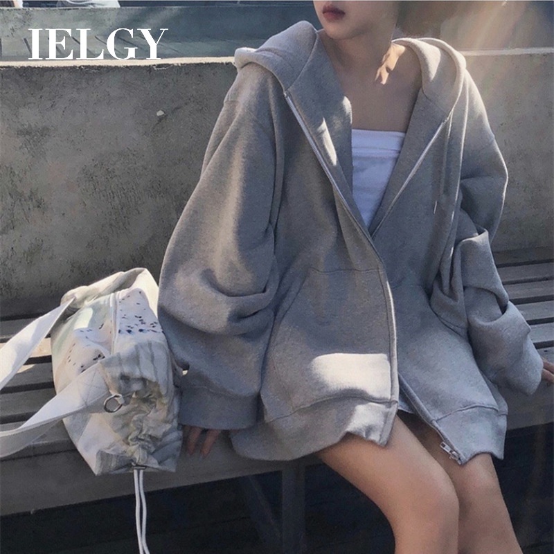 IELGY Áo Khoác Hoodie Mỏng Màu Xám Phối Khóa Kéo Phong Cách Hàn Quốc Thời Trang Mùa Thu Cho Nữ