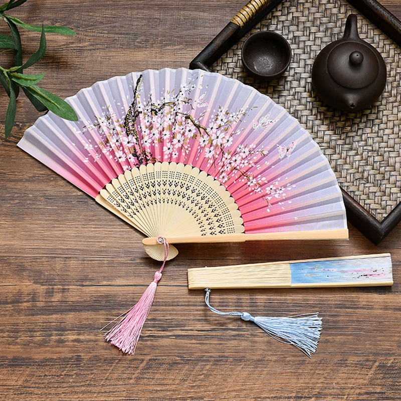 Quạt gấp lụa qjzb1 hai màu xanh lá cây đen xương xanh bề mặt hoa anh đào bướm