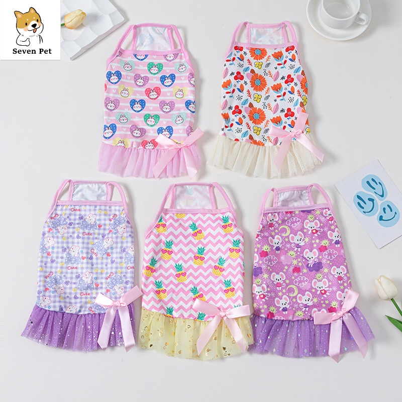 Suspender dog dress cho shih tzu nữ váy mèo dễ thương với nơ buộc quần áo cho thú cưng quần áo mùa hè cho chó con