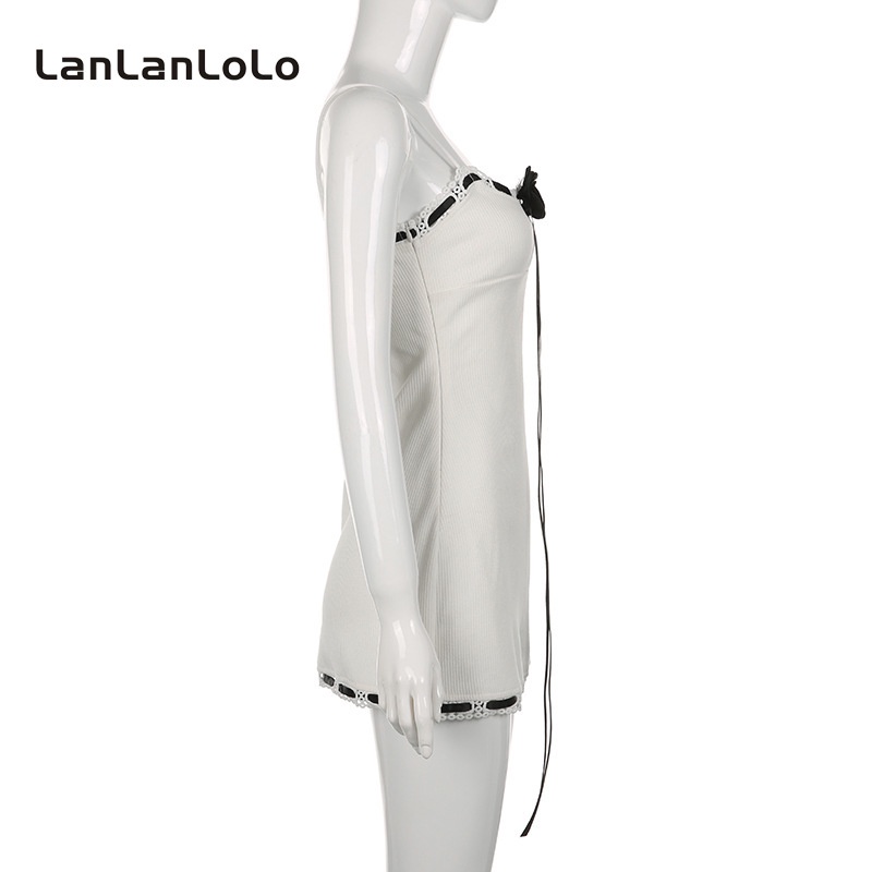 Đầm 2 dây LANLANLOLO viền ren đính hoa hở lưng phối màu tương phản gợi cảm ngọt ngào 2023 cho nữ