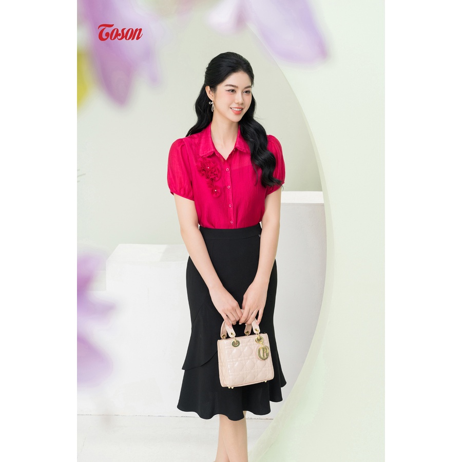 Áo sơ mi tơ hồng sen cổ đức, đính hoa cuốn 11079P83 Toson